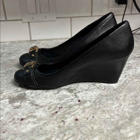 Tory Burch Black Leather Heels with Gold Accents - Picture 5 of 8